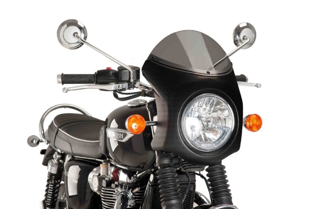 Afbeeldingen van Vervangingsruit retro fairing met carbon-look kuipje Puig Triumph Bonneville T100/ T120/ T200 '16-